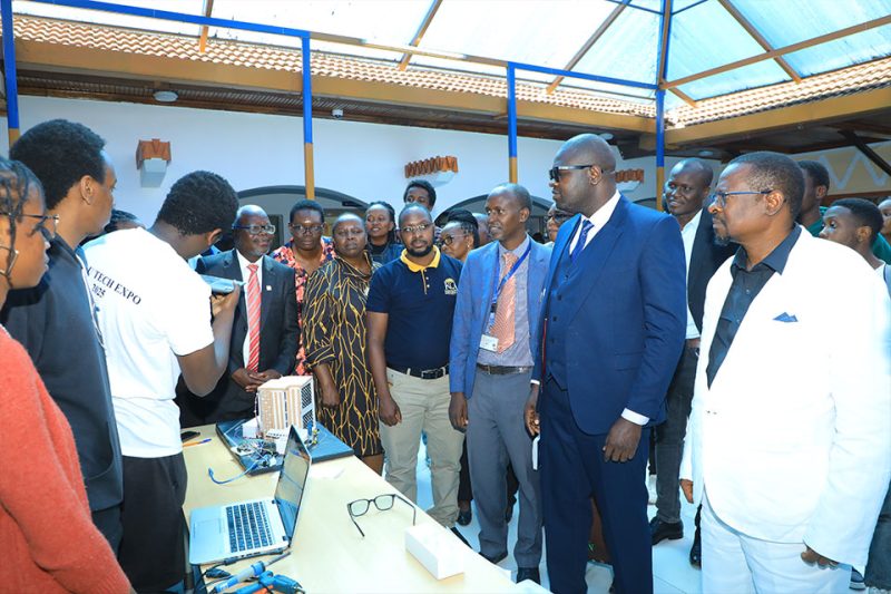 Students showcasing their innovations to KCAU Vice Chancellor & CEO, Prof. Isaiah I.C. Wakindiki, Chief Guest Mr. Caleb Nyoiro, KCAU Deputy Vice Chancellors, and the School of Technology management.